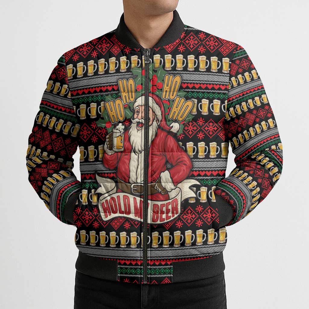 Santa Hold My Beer Christmas Bomber Puffer Jacket with Beer Mugs and Holiday Pattern - Wonder Print Shop