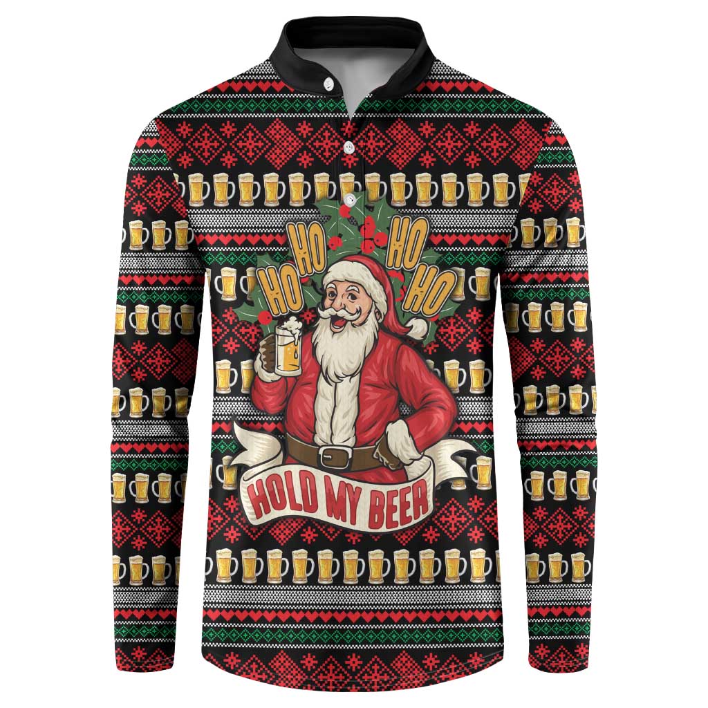 Santa Hold My Beer Christmas Button Sweatshirt with Beer Mugs and Holiday Pattern - Wonder Print Shop