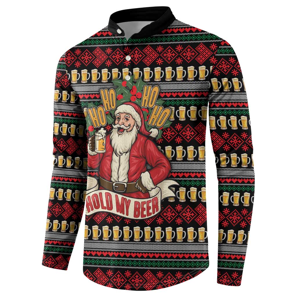 Santa Hold My Beer Christmas Button Sweatshirt with Beer Mugs and Holiday Pattern - Wonder Print Shop