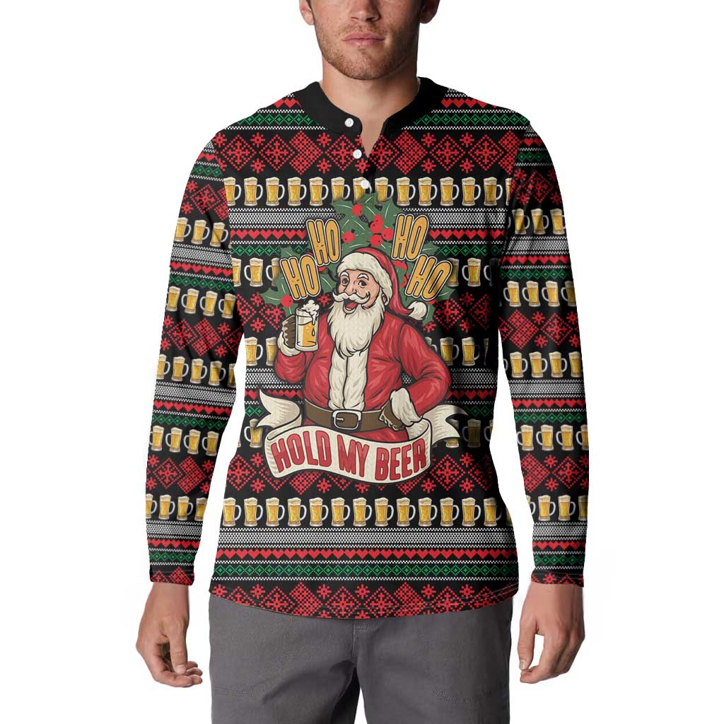 Santa Hold My Beer Christmas Button Sweatshirt with Beer Mugs and Holiday Pattern - Wonder Print Shop