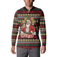 Santa Hold My Beer Christmas Button Sweatshirt with Beer Mugs and Holiday Pattern - Wonder Print Shop