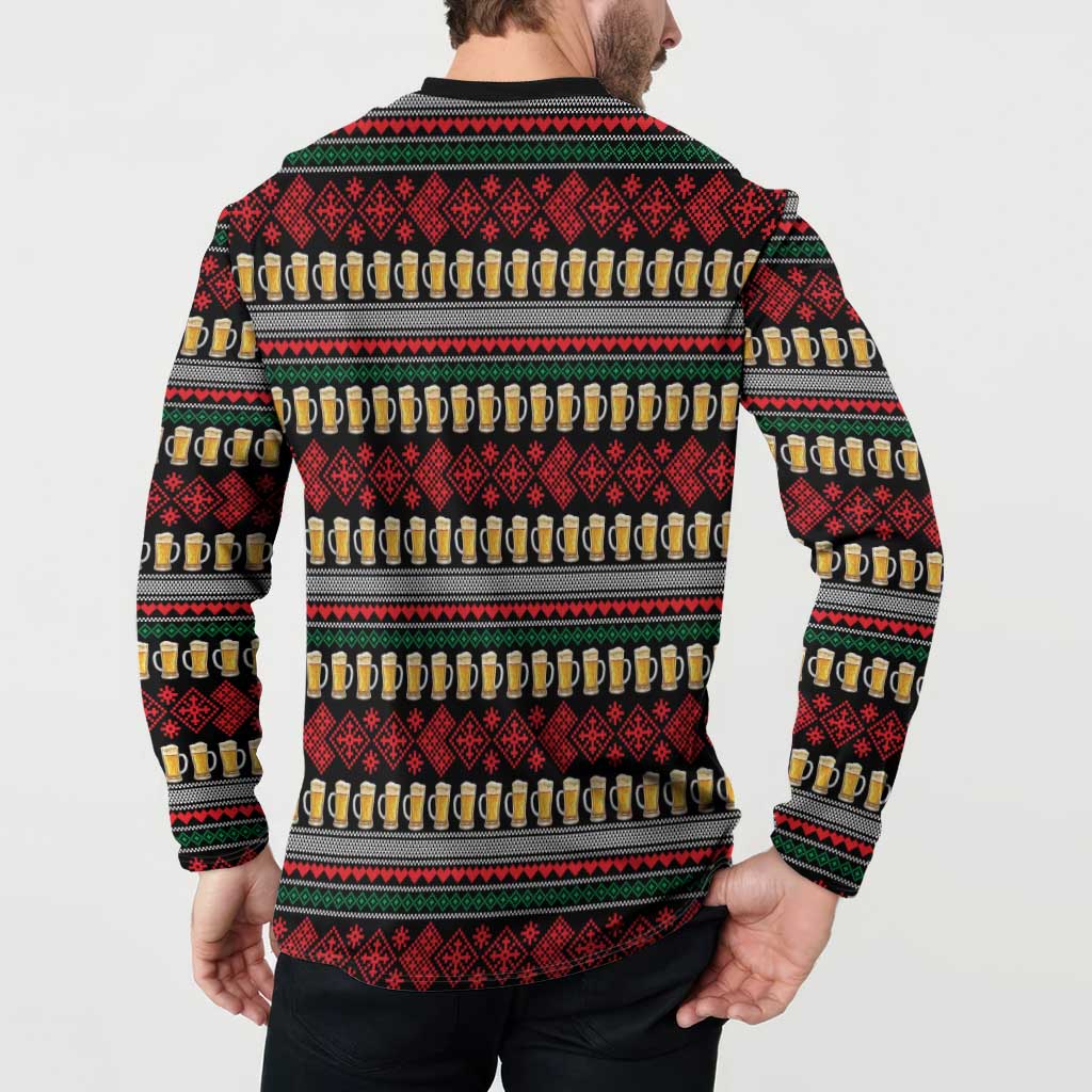 Santa Hold My Beer Christmas Button Sweatshirt with Beer Mugs and Holiday Pattern - Wonder Print Shop