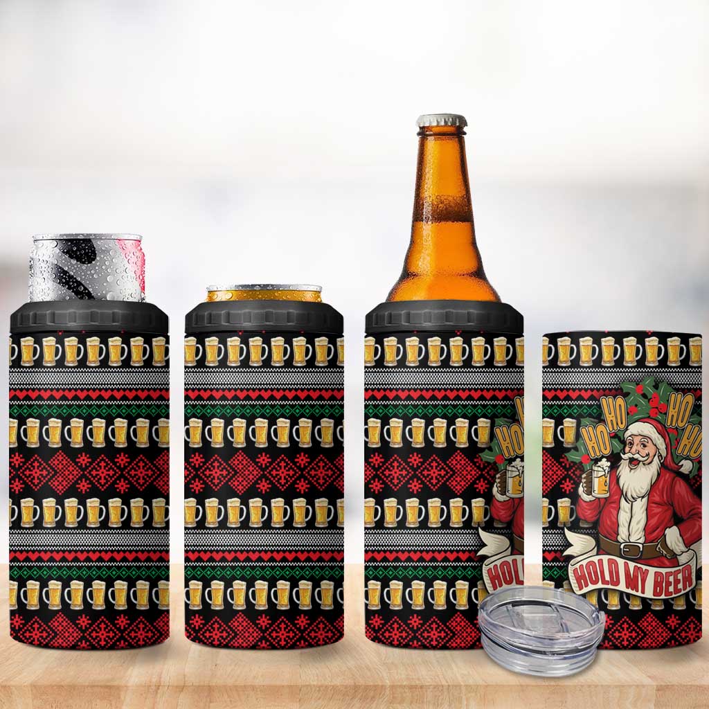 Santa Hold My Beer Christmas 4 in 1 Can Cooler Tumbler with Beer Mugs and Holiday Pattern - Wonder Print Shop