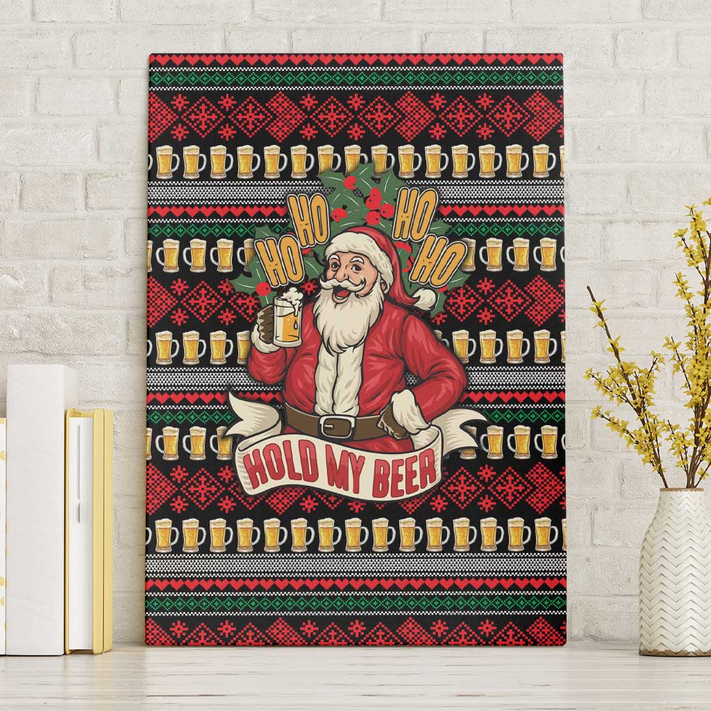 Santa Hold My Beer Christmas Canvas Wall Art with Beer Mugs and Holiday Pattern - Wonder Print Shop