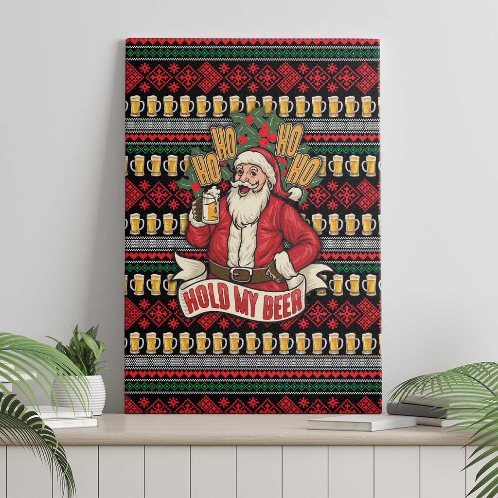 Santa Hold My Beer Christmas Canvas Wall Art with Beer Mugs and Holiday Pattern - Wonder Print Shop