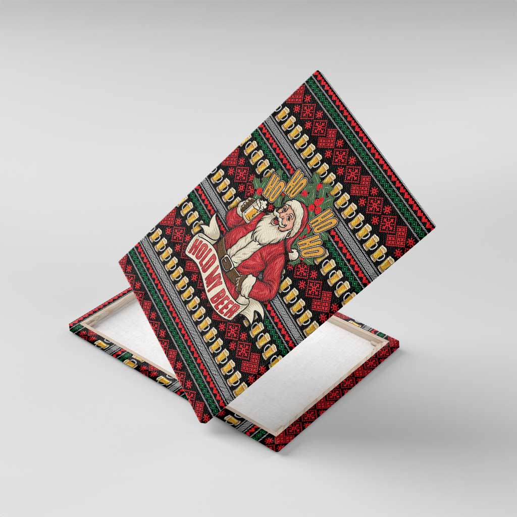 Santa Hold My Beer Christmas Canvas Wall Art with Beer Mugs and Holiday Pattern - Wonder Print Shop