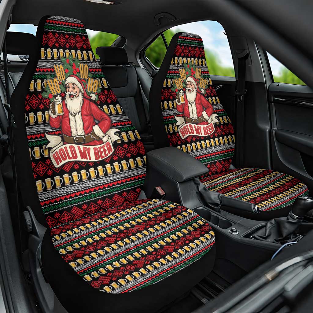 Santa Hold My Beer Christmas Car Seat Cover with Beer Mugs and Holiday Pattern - Wonder Print Shop