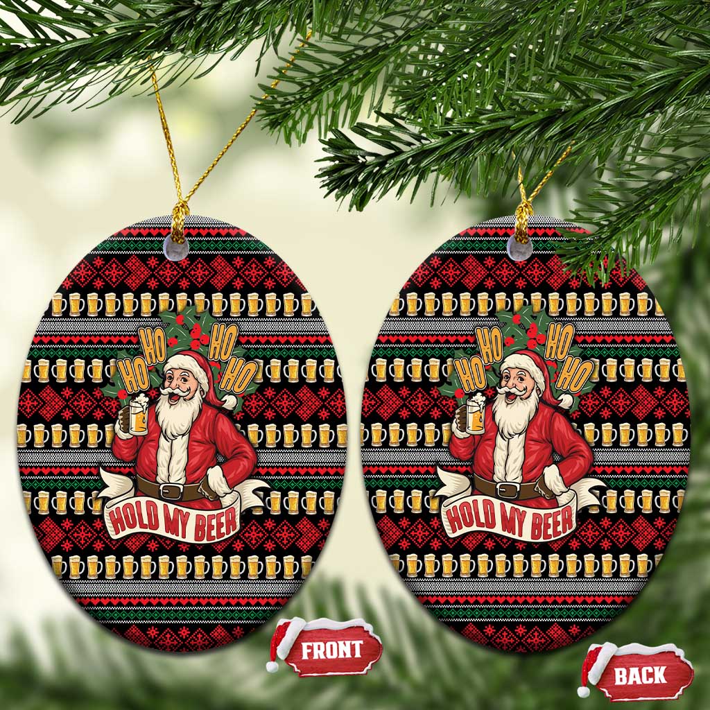 Santa Hold My Beer Christmas Ceramic Ornament with Beer Mugs and Holiday Pattern - Wonder Print Shop