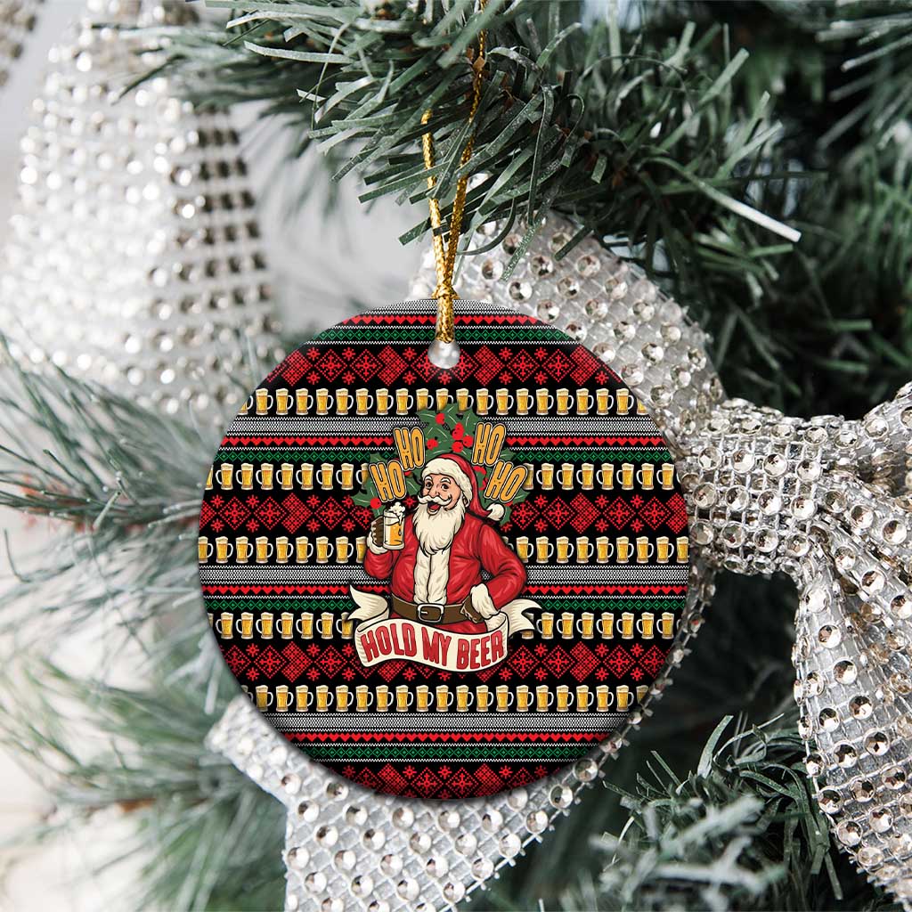 Santa Hold My Beer Christmas Ceramic Ornament with Beer Mugs and Holiday Pattern - Wonder Print Shop