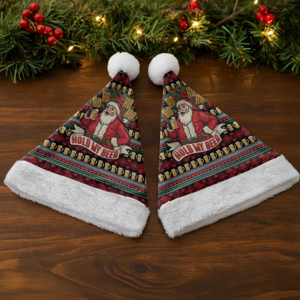 Santa Hold My Beer Christmas Santa Hat with Beer Mugs and Holiday Pattern - Wonder Print Shop