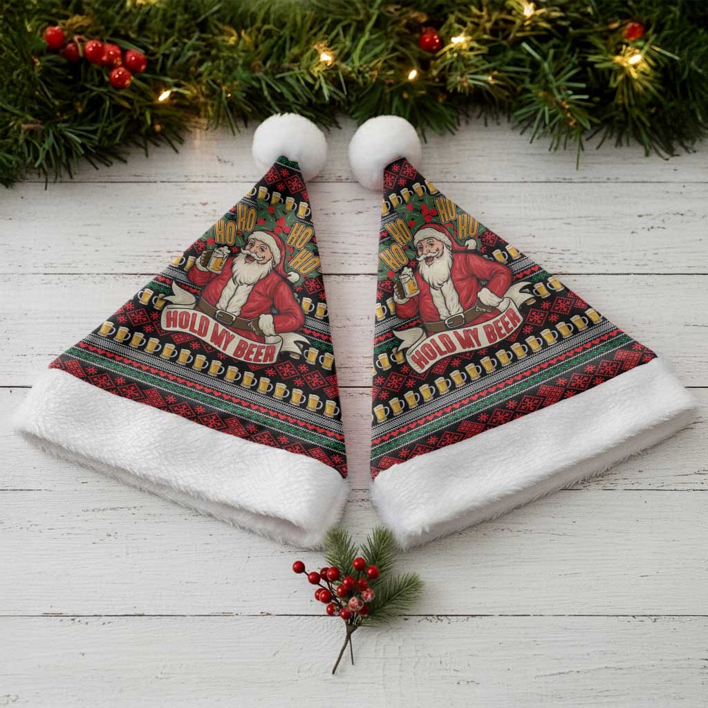 Santa Hold My Beer Christmas Santa Hat with Beer Mugs and Holiday Pattern - Wonder Print Shop