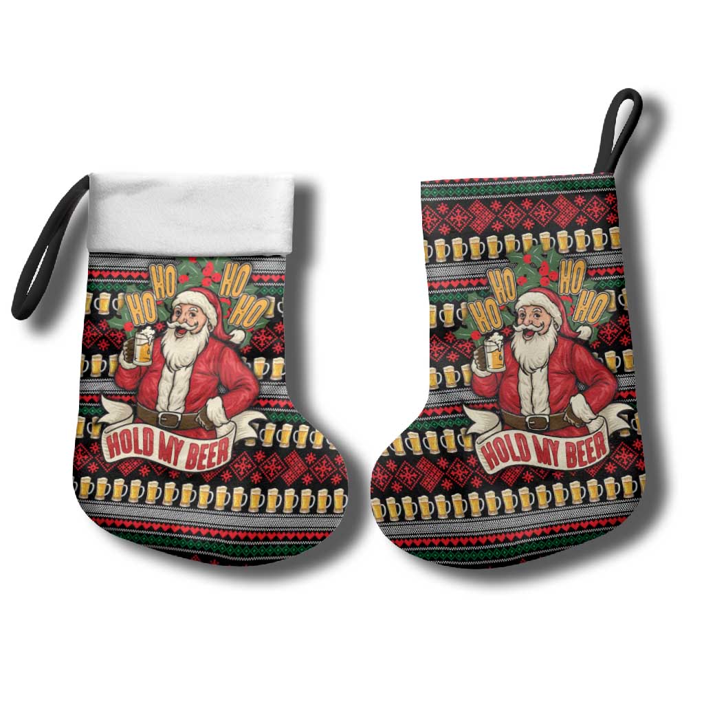 Santa Hold My Beer Christmas Stocking with Beer Mugs and Holiday Pattern - Wonder Print Shop