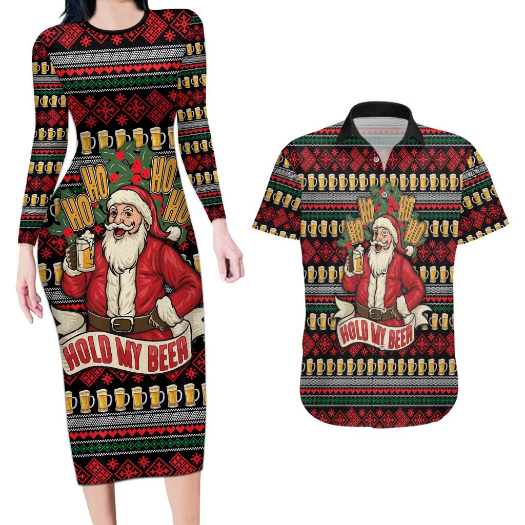 Santa Hold My Beer Christmas Couples Matching Long Sleeve Bodycon Dress and Hawaiian Shirt with Beer Mugs and Holiday Pattern - Wonder Print Shop