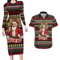 Santa Hold My Beer Christmas Couples Matching Long Sleeve Bodycon Dress and Hawaiian Shirt with Beer Mugs and Holiday Pattern - Wonder Print Shop