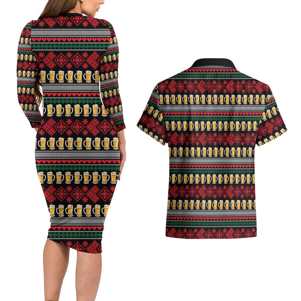 Santa Hold My Beer Christmas Couples Matching Long Sleeve Bodycon Dress and Hawaiian Shirt with Beer Mugs and Holiday Pattern - Wonder Print Shop