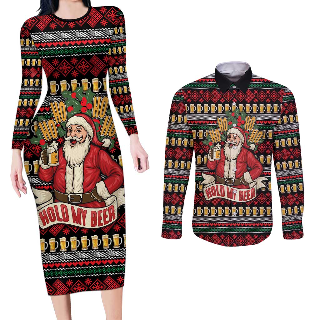 Santa Hold My Beer Christmas Couples Matching Long Sleeve Bodycon Dress and Long Sleeve Button Shirt with Beer Mugs and Holiday Pattern - Wonder Print Shop