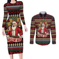 Santa Hold My Beer Christmas Couples Matching Long Sleeve Bodycon Dress and Long Sleeve Button Shirt with Beer Mugs and Holiday Pattern - Wonder Print Shop