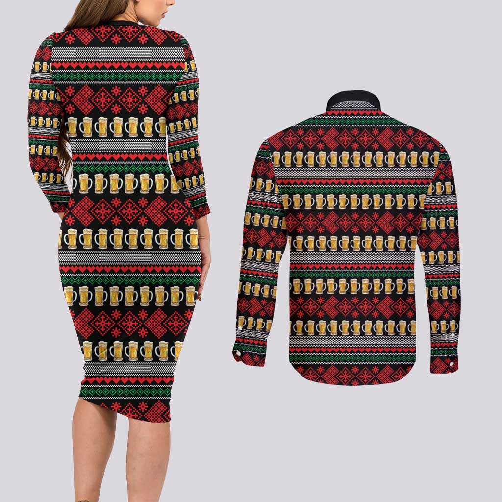 Santa Hold My Beer Christmas Couples Matching Long Sleeve Bodycon Dress and Long Sleeve Button Shirt with Beer Mugs and Holiday Pattern - Wonder Print Shop