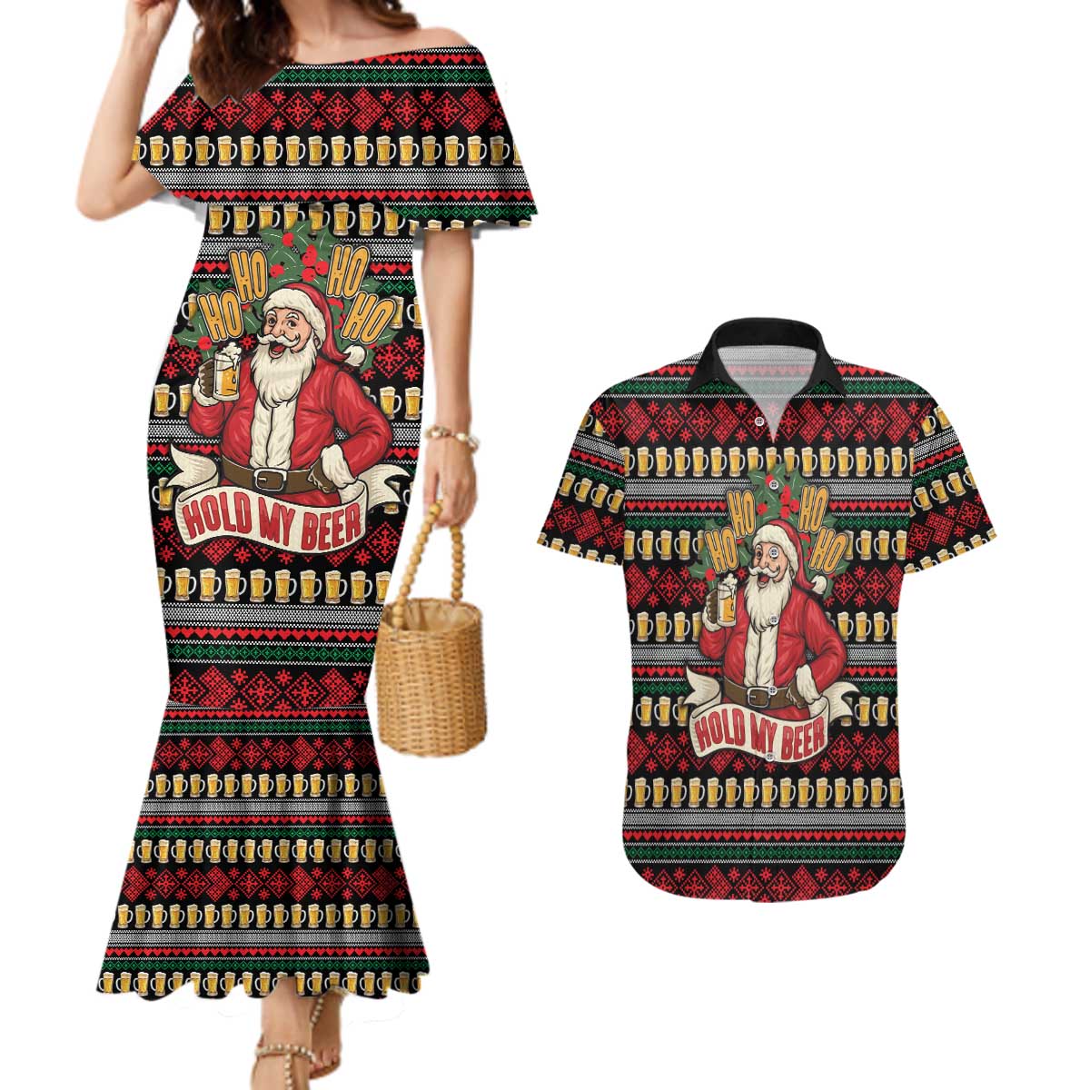Santa Hold My Beer Christmas Couples Matching Mermaid Dress and Hawaiian Shirt with Beer Mugs and Holiday Pattern - Wonder Print Shop