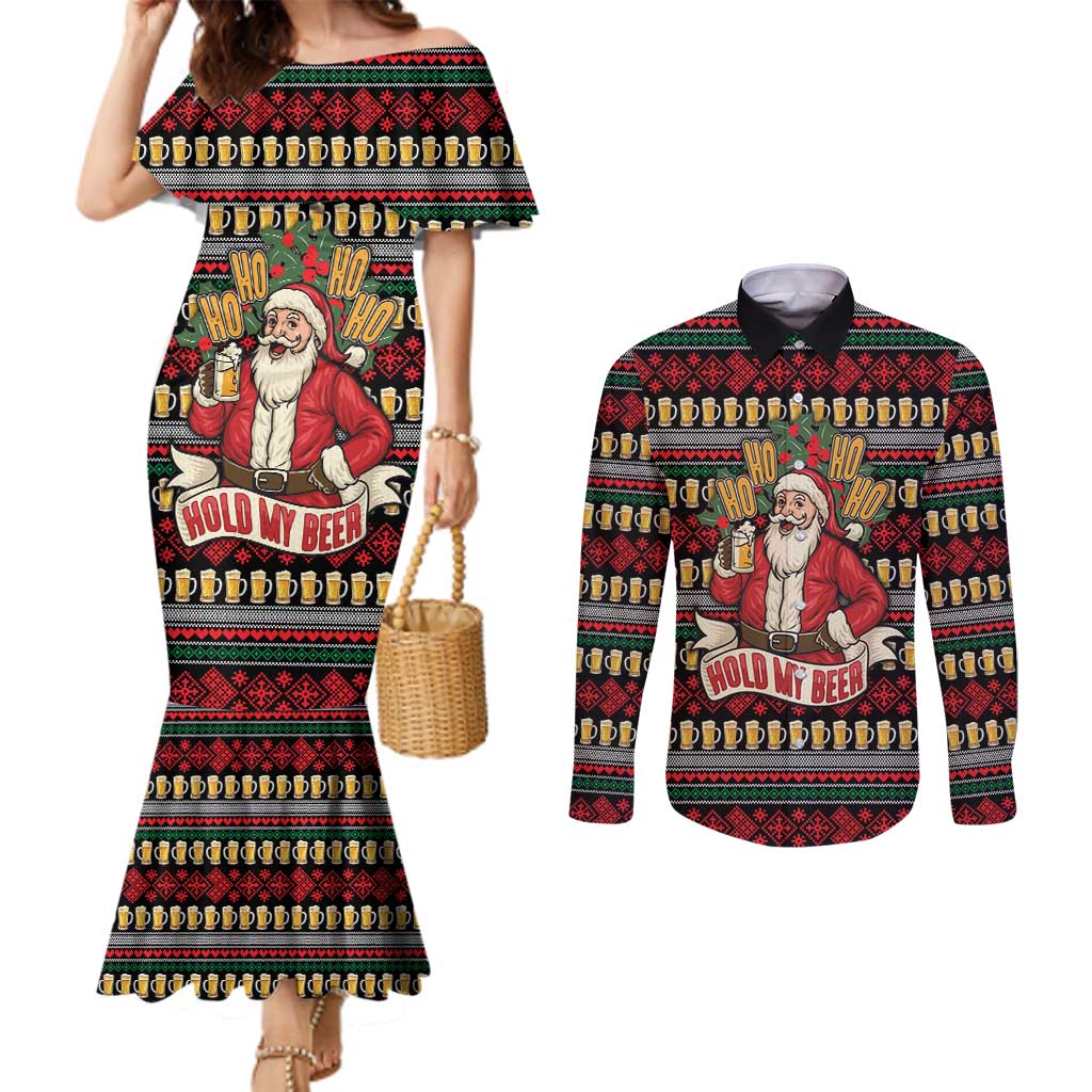 Santa Hold My Beer Christmas Couples Matching Mermaid Dress and Long Sleeve Button Shirt with Beer Mugs and Holiday Pattern - Wonder Print Shop