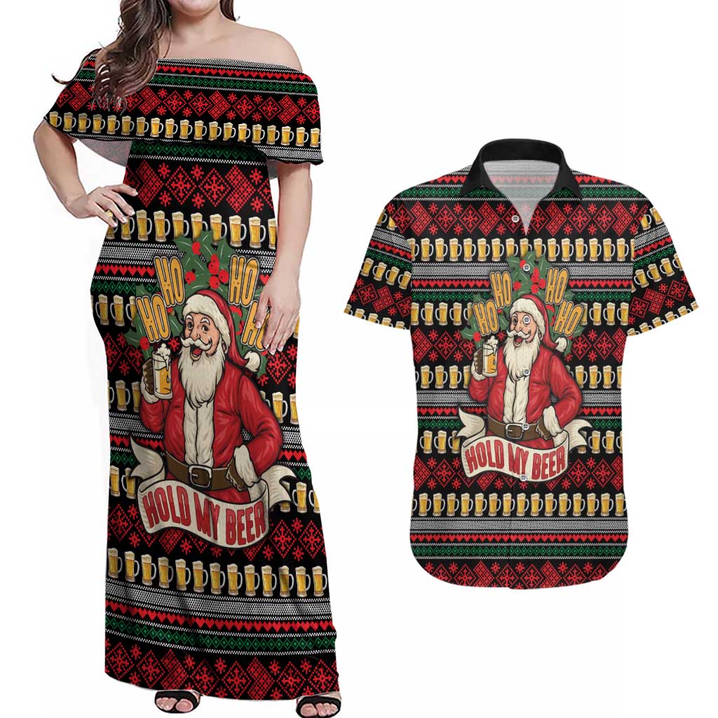 Santa Hold My Beer Christmas Couples Matching Off Shoulder Maxi Dress and Hawaiian Shirt with Beer Mugs and Holiday Pattern - Wonder Print Shop