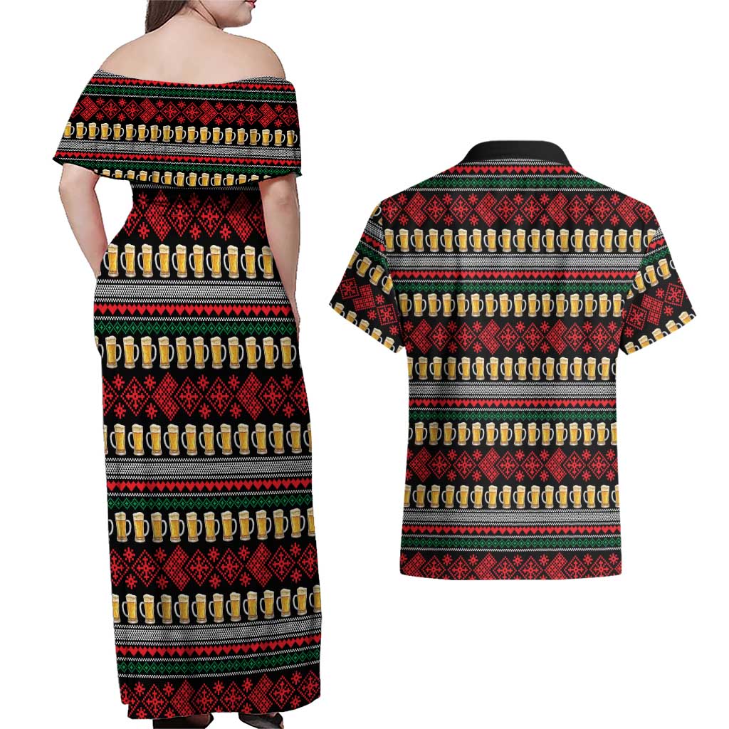 Santa Hold My Beer Christmas Couples Matching Off Shoulder Maxi Dress and Hawaiian Shirt with Beer Mugs and Holiday Pattern - Wonder Print Shop