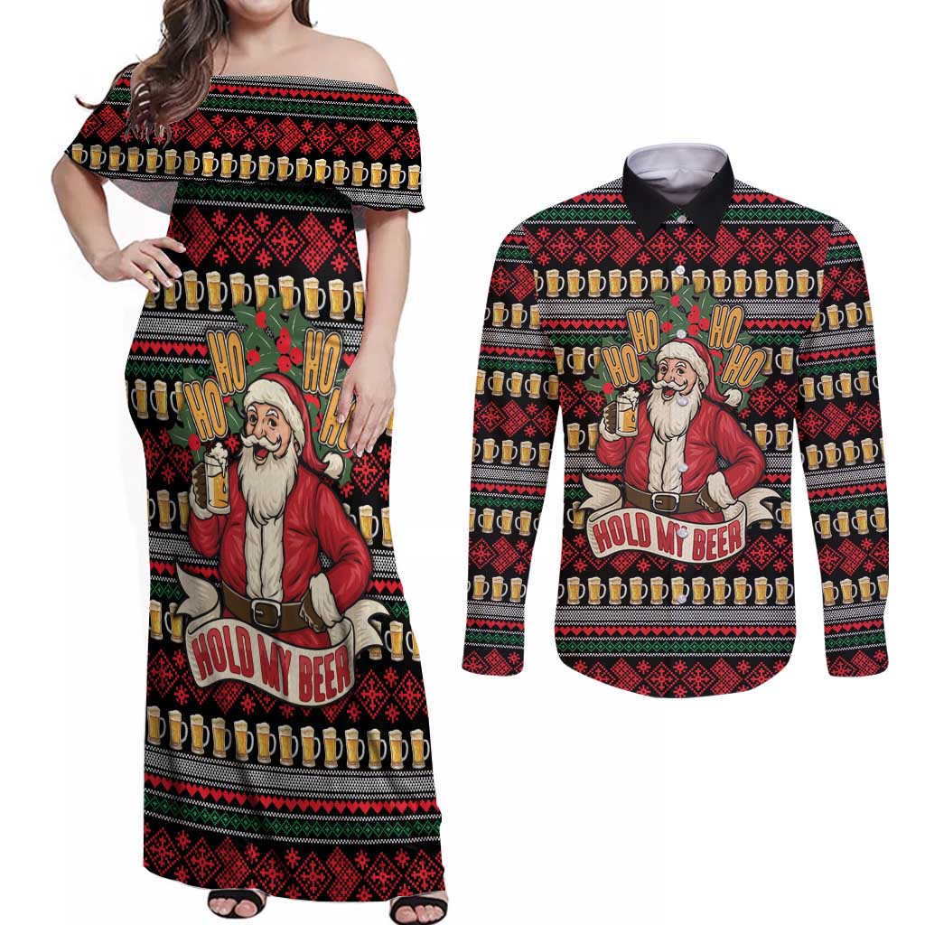 Santa Hold My Beer Christmas Couples Matching Off Shoulder Maxi Dress and Long Sleeve Button Shirt with Beer Mugs and Holiday Pattern - Wonder Print Shop