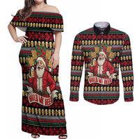 Santa Hold My Beer Christmas Couples Matching Off Shoulder Maxi Dress and Long Sleeve Button Shirt with Beer Mugs and Holiday Pattern - Wonder Print Shop
