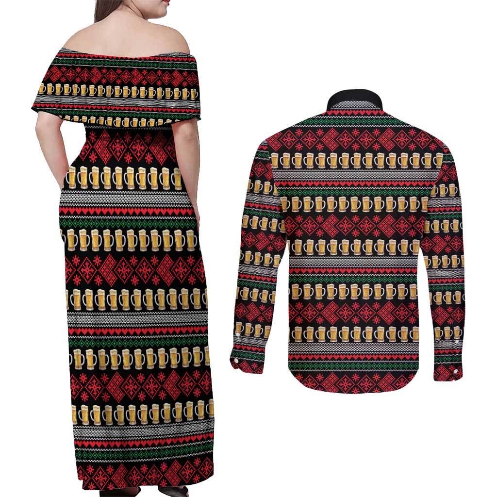 Santa Hold My Beer Christmas Couples Matching Off Shoulder Maxi Dress and Long Sleeve Button Shirt with Beer Mugs and Holiday Pattern - Wonder Print Shop