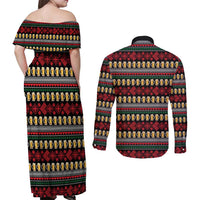 Santa Hold My Beer Christmas Couples Matching Off Shoulder Maxi Dress and Long Sleeve Button Shirt with Beer Mugs and Holiday Pattern - Wonder Print Shop