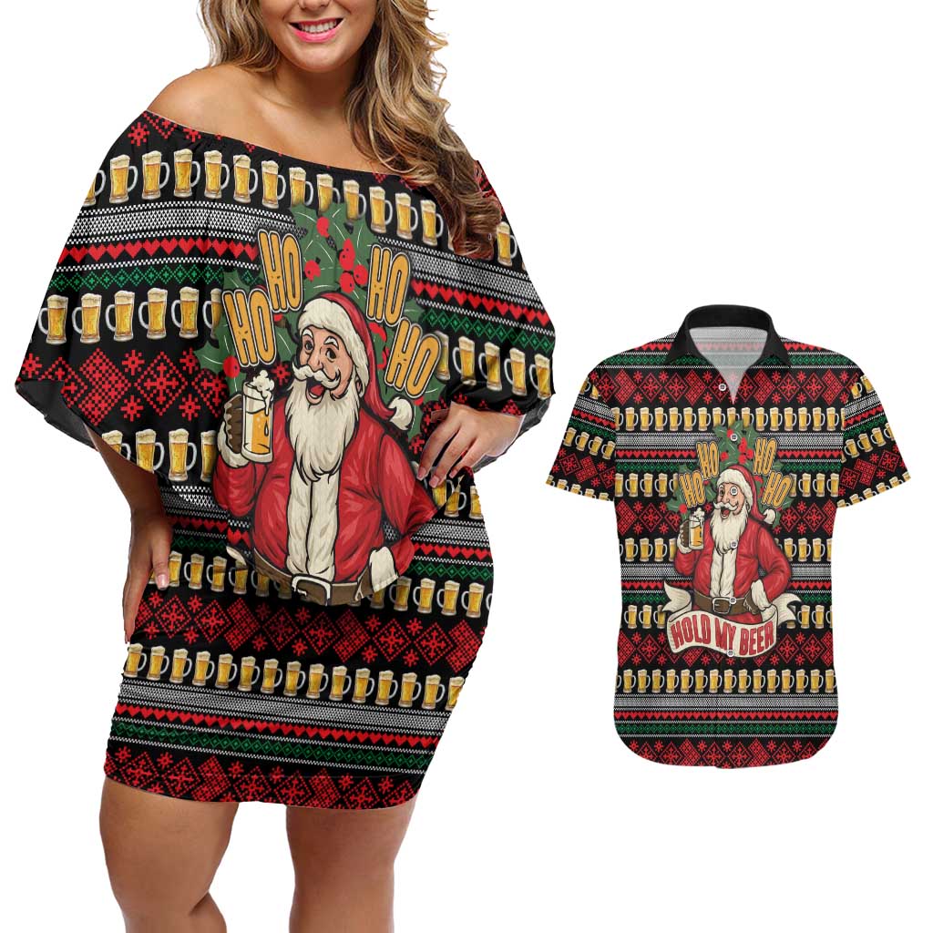 Santa Hold My Beer Christmas Couples Matching Off Shoulder Short Dress and Hawaiian Shirt with Beer Mugs and Holiday Pattern - Wonder Print Shop