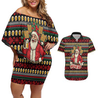 Santa Hold My Beer Christmas Couples Matching Off Shoulder Short Dress and Hawaiian Shirt with Beer Mugs and Holiday Pattern - Wonder Print Shop