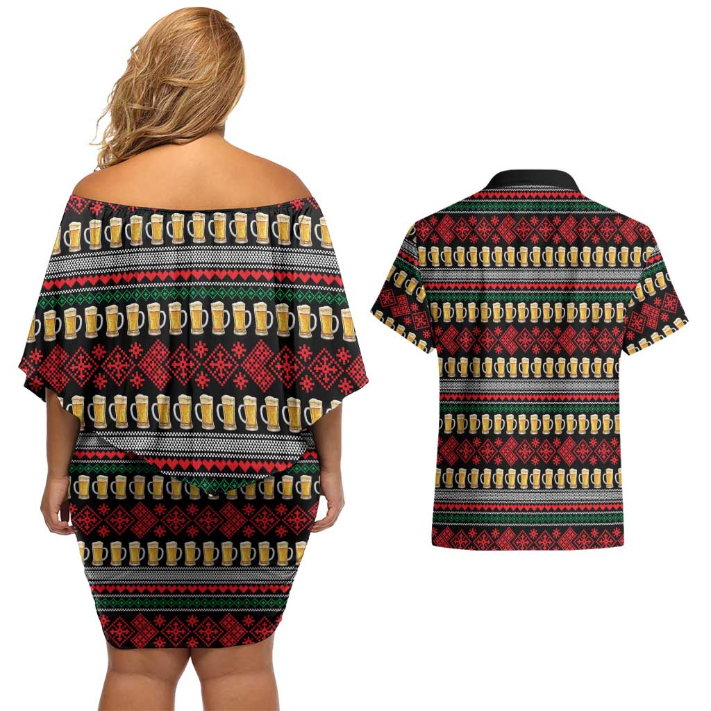 Santa Hold My Beer Christmas Couples Matching Off Shoulder Short Dress and Hawaiian Shirt with Beer Mugs and Holiday Pattern - Wonder Print Shop