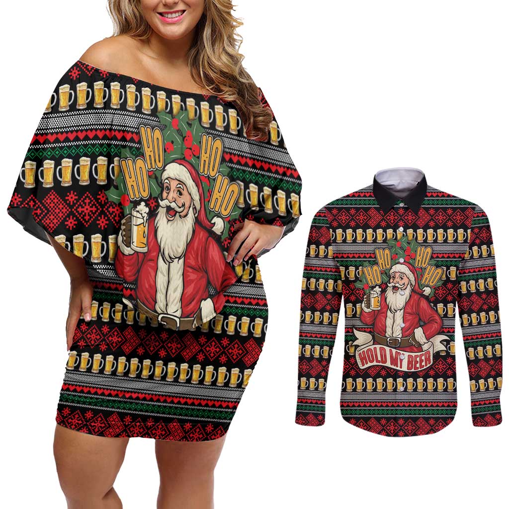 Santa Hold My Beer Christmas Couples Matching Off Shoulder Short Dress and Long Sleeve Button Shirt with Beer Mugs and Holiday Pattern - Wonder Print Shop