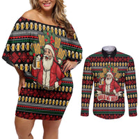 Santa Hold My Beer Christmas Couples Matching Off Shoulder Short Dress and Long Sleeve Button Shirt with Beer Mugs and Holiday Pattern - Wonder Print Shop