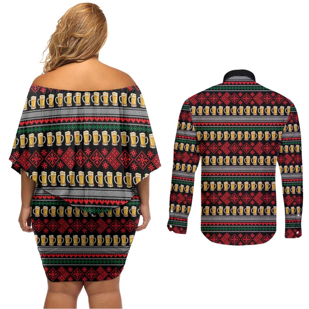 Santa Hold My Beer Christmas Couples Matching Off Shoulder Short Dress and Long Sleeve Button Shirt with Beer Mugs and Holiday Pattern - Wonder Print Shop