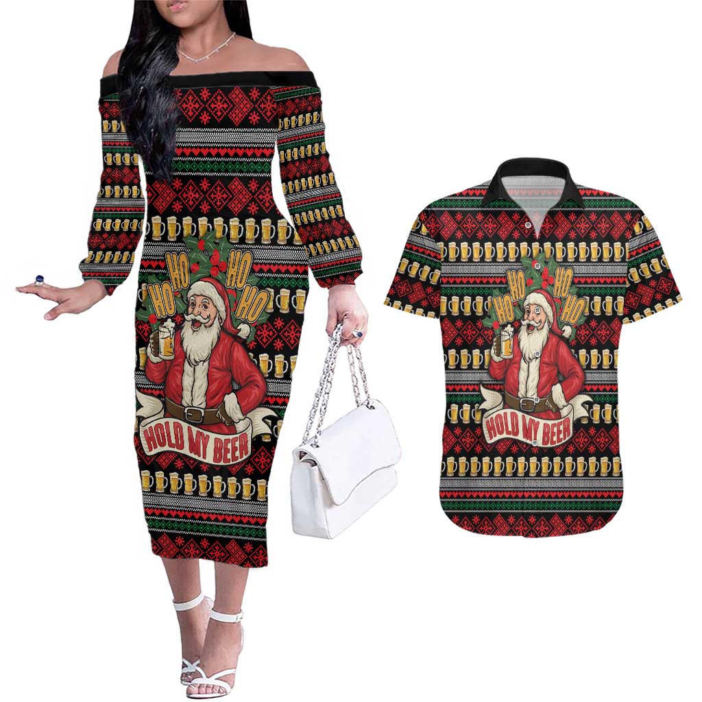 Santa Hold My Beer Christmas Couples Matching Off The Shoulder Long Sleeve Dress and Hawaiian Shirt with Beer Mugs and Holiday Pattern - Wonder Print Shop