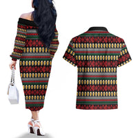 Santa Hold My Beer Christmas Couples Matching Off The Shoulder Long Sleeve Dress and Hawaiian Shirt with Beer Mugs and Holiday Pattern - Wonder Print Shop
