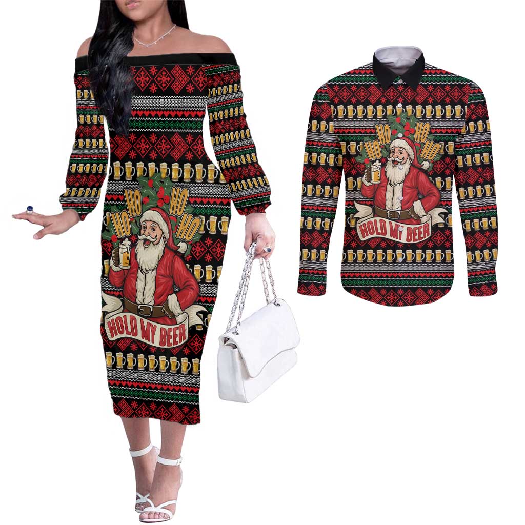 Santa Hold My Beer Christmas Couples Matching Off The Shoulder Long Sleeve Dress and Long Sleeve Button Shirt with Beer Mugs and Holiday Pattern - Wonder Print Shop