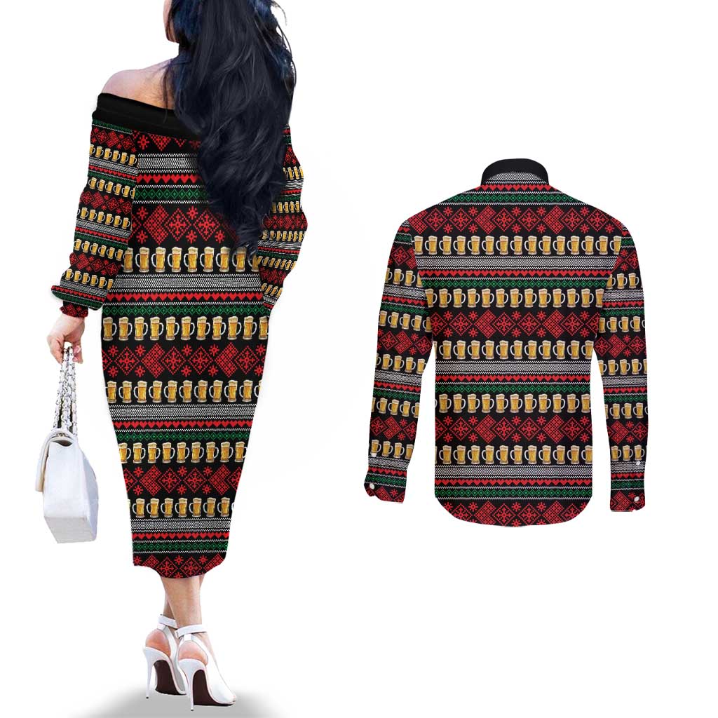 Santa Hold My Beer Christmas Couples Matching Off The Shoulder Long Sleeve Dress and Long Sleeve Button Shirt with Beer Mugs and Holiday Pattern - Wonder Print Shop
