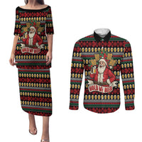 Santa Hold My Beer Christmas Couples Matching Puletasi and Long Sleeve Button Shirt with Beer Mugs and Holiday Pattern - Wonder Print Shop