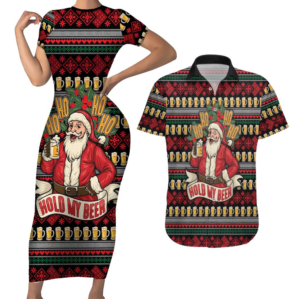 Santa Hold My Beer Christmas Couples Matching Short Sleeve Bodycon Dress and Hawaiian Shirt with Beer Mugs and Holiday Pattern - Wonder Print Shop