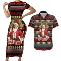 Santa Hold My Beer Christmas Couples Matching Short Sleeve Bodycon Dress and Hawaiian Shirt with Beer Mugs and Holiday Pattern - Wonder Print Shop