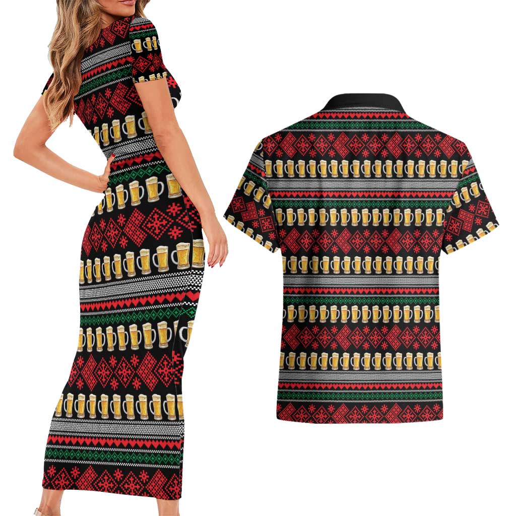 Santa Hold My Beer Christmas Couples Matching Short Sleeve Bodycon Dress and Hawaiian Shirt with Beer Mugs and Holiday Pattern - Wonder Print Shop