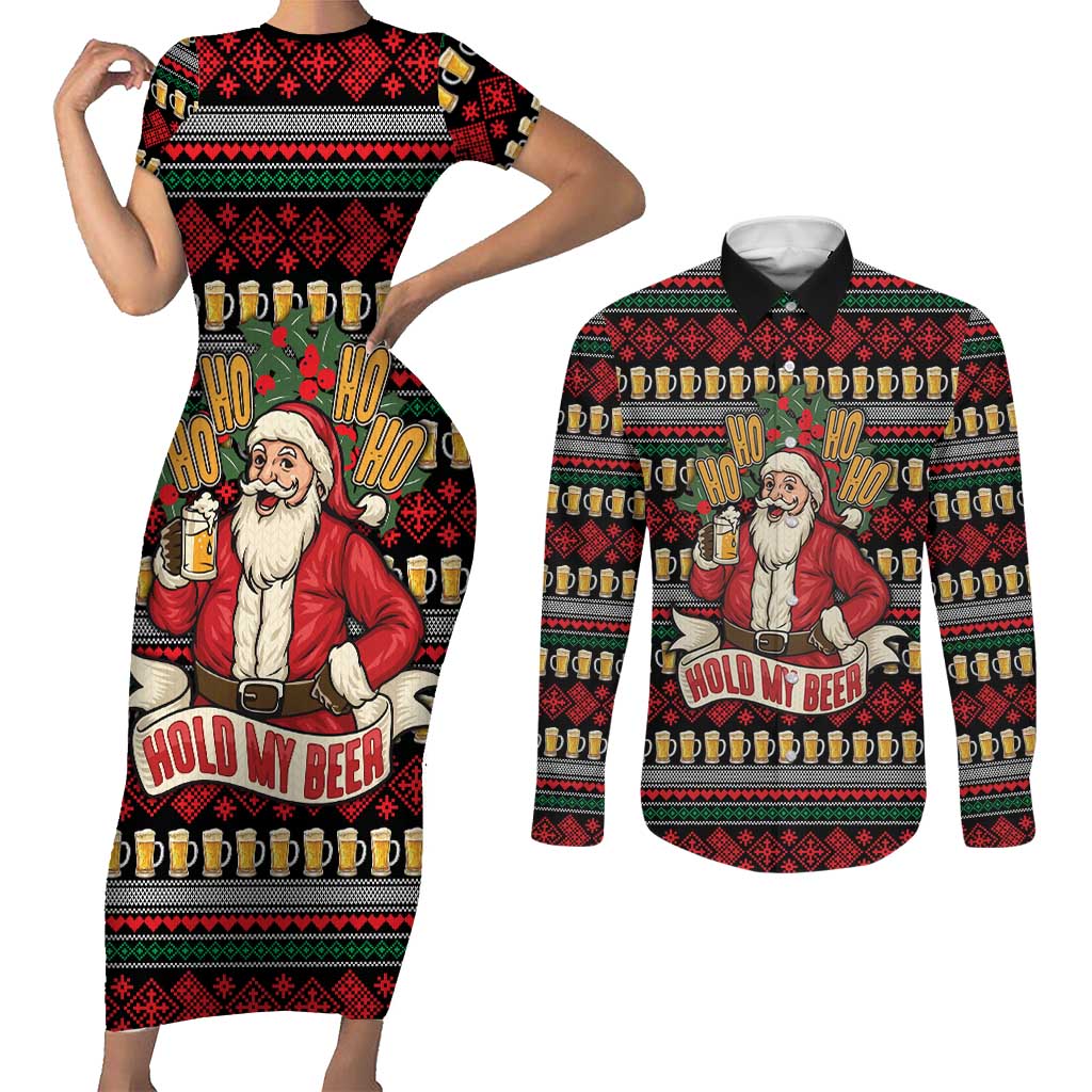 Santa Hold My Beer Christmas Couples Matching Short Sleeve Bodycon Dress and Long Sleeve Button Shirt with Beer Mugs and Holiday Pattern - Wonder Print Shop