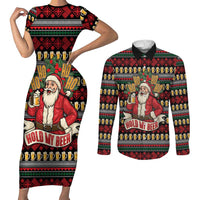 Santa Hold My Beer Christmas Couples Matching Short Sleeve Bodycon Dress and Long Sleeve Button Shirt with Beer Mugs and Holiday Pattern - Wonder Print Shop