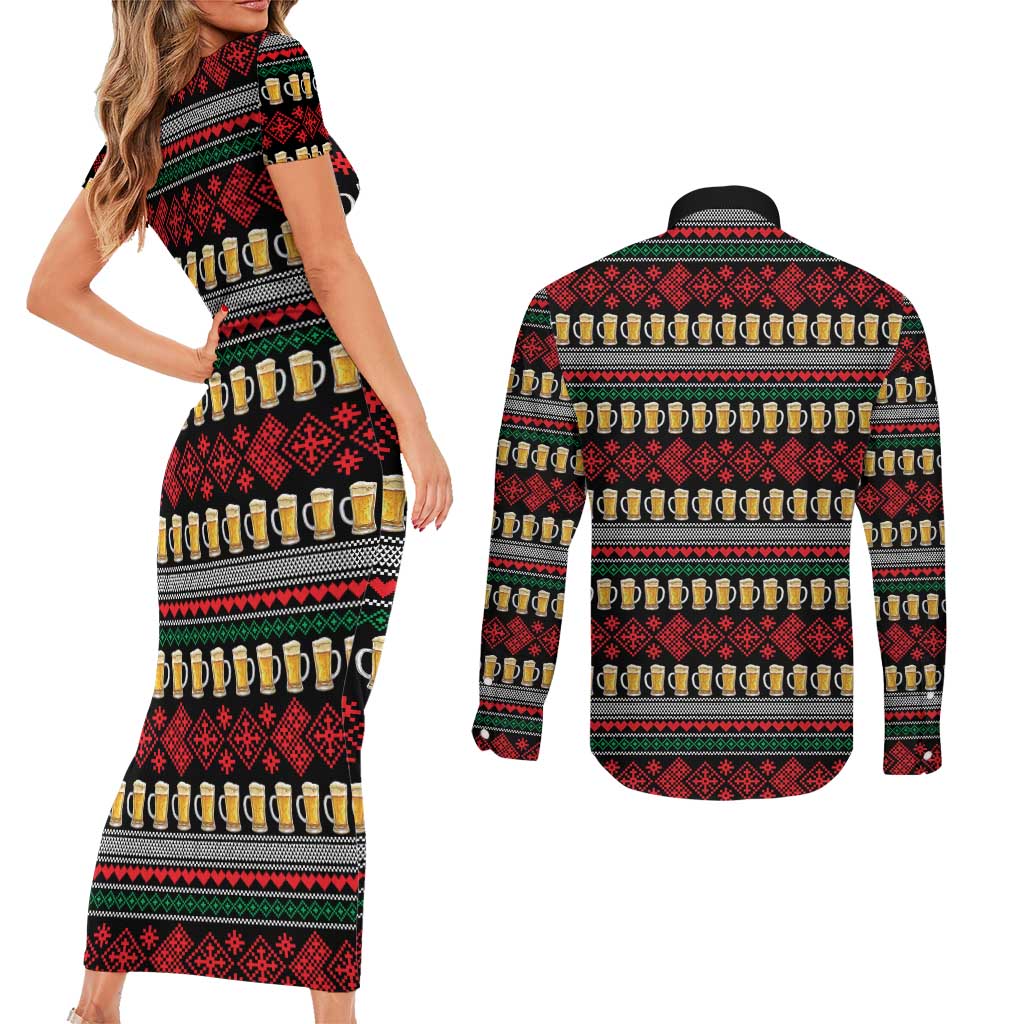 Santa Hold My Beer Christmas Couples Matching Short Sleeve Bodycon Dress and Long Sleeve Button Shirt with Beer Mugs and Holiday Pattern - Wonder Print Shop