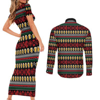 Santa Hold My Beer Christmas Couples Matching Short Sleeve Bodycon Dress and Long Sleeve Button Shirt with Beer Mugs and Holiday Pattern - Wonder Print Shop