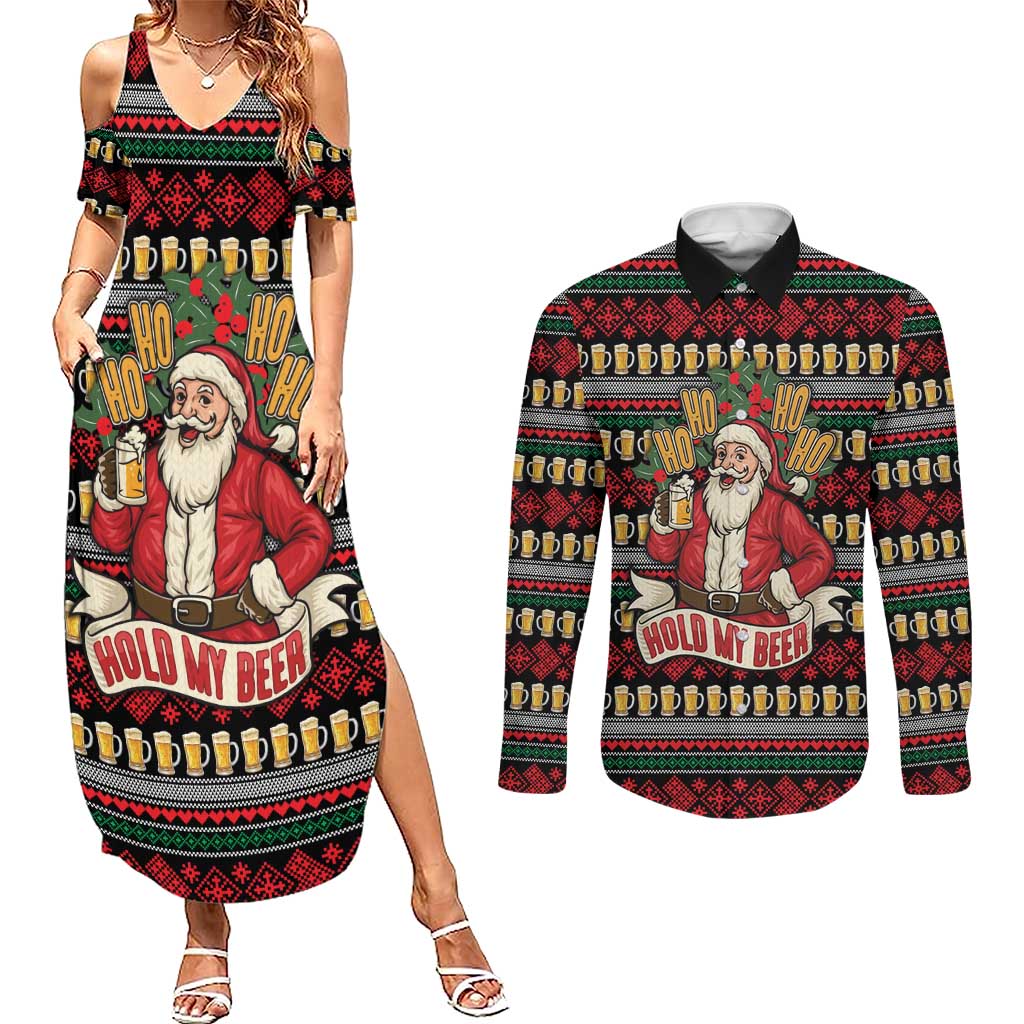 Santa Hold My Beer Christmas Couples Matching Summer Maxi Dress and Long Sleeve Button Shirt with Beer Mugs and Holiday Pattern - Wonder Print Shop