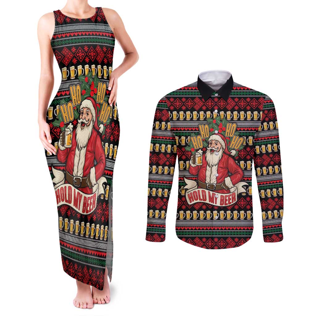 Santa Hold My Beer Christmas Couples Matching Tank Maxi Dress and Long Sleeve Button Shirt with Beer Mugs and Holiday Pattern - Wonder Print Shop